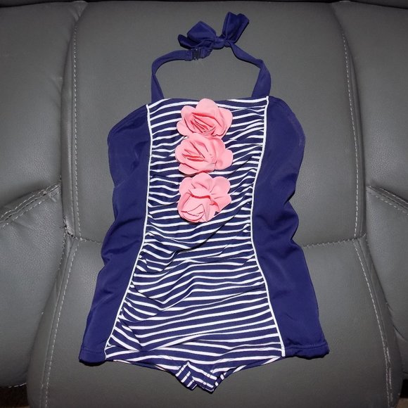 Janie and Jack Retro Striped Swimsuit Navy Halter